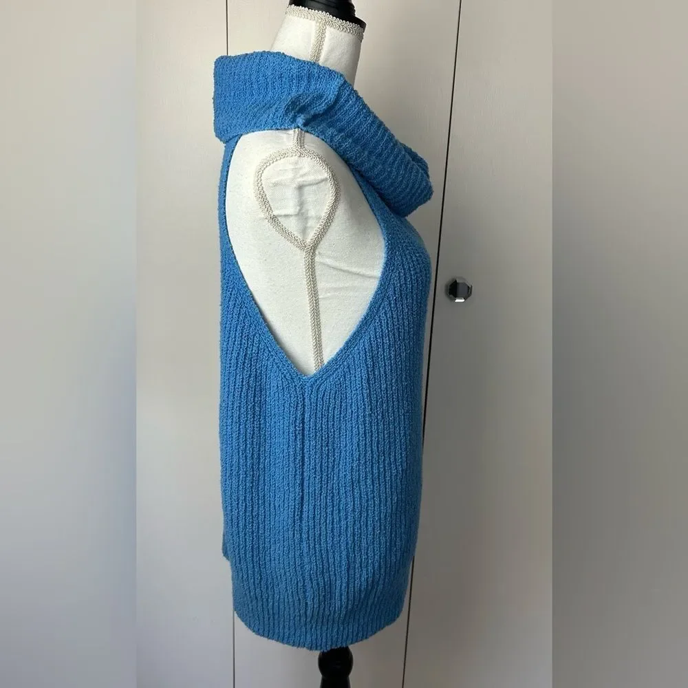 Free People Beach FP Blue Ribbed Chunky Knit Sleeveless Cowl Neck Sweater Sz M